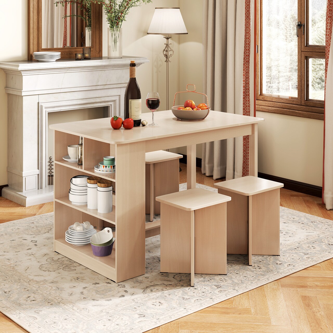 5-Piece Dining Set with Stools and Storage Shelf for Small Spaces